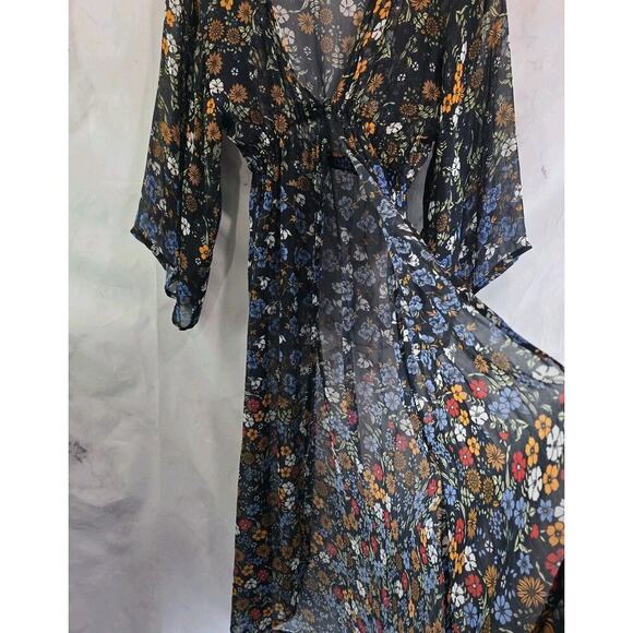 Floreat Dress Womens Small Black Floral Midi Kimono Cover Up Topper Long - Picture 9 of 13